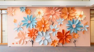 ai generato colorato parete ornato con carta fiori foto