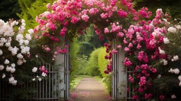 ai generato un' giardino cancello ornato con un' arrampicata rosa arco foto