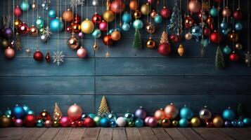 ai generato gioioso Natale fondale con colorato ornamenti foto