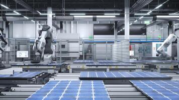 industriale robot braccia collocazione solare pannelli su grande produzione linea nel moderno verde tecnologia fabbrica. fotovoltaico essere assemblato su trasportatore cinghie dentro servizio, struttura con sicurezza protocolli, 3d rendere foto