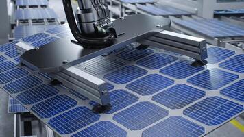 solare pannello posto su trasportatore cintura, operato di automatizzato robot braccio, in movimento in giro facilità, 3d illustrazione. vicino su di fotovoltaico cellula prodotta nel pulito energia produzione magazzino foto