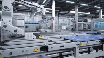 industriale robotica braccia nel taglio bordo solare pannello fabbrica maneggio fotovoltaico moduli nel alto Tech automazione processi. pv cellule manufatto nel sostenibile facilità, 3d illustrazione foto