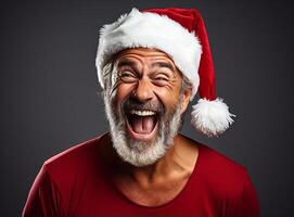 ai generato allegro Santa claus. Natale, nuovo anno e celebrazione concetto - sorridente Santa Claus fricchettone nel rosso cappello. Natale uomo con barba. foto