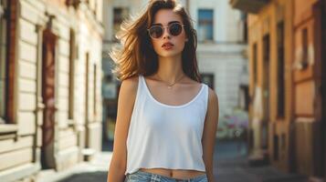 ai generato attraente giovane donna indossare vuoto vuoto bianca serbatoio superiore modello per design modello nel il città strada foto