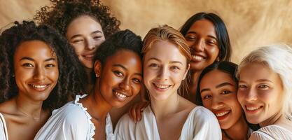 ai generato donne di diverso nazionalità e gare nel bianca Abiti insieme su un' monocromatico beige sfondo. diversità concetto. fotorealistico. ai generato. foto