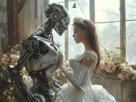 ai generato robot e donna di nozze giorno. androide cyborg robot si sposa un' donna. umano sposa nel un' bianca nozze vestire. fotorealistico sfondo con bokeh effetto. ai generato. foto