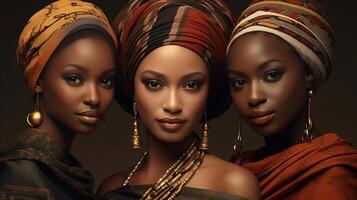 ai generato tre africano donne nel tradizionale Abiti. multietnico moda. foto