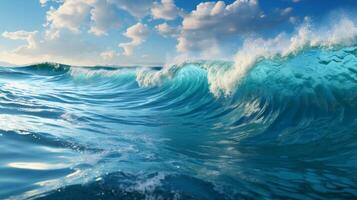 ai generato blu oceano onda con bianca schiuma e blu cielo. 3d interpretazione foto