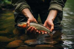 ai generato eccitato persona a fiume Tenere catturato pesce. creare ai foto