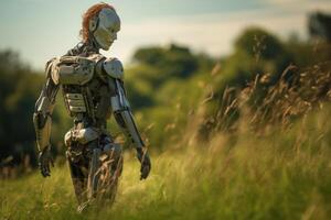 ai generato futuristico persona cyborg arte a piedi su erba. creare ai foto