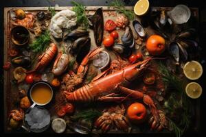 ai generato alto tiro frutti di mare pasto. creare ai foto