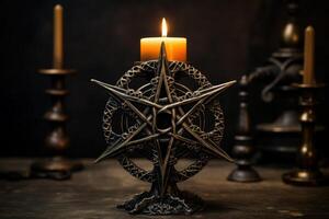 ai generato simbolico pentagramma candela titolare. creare ai foto