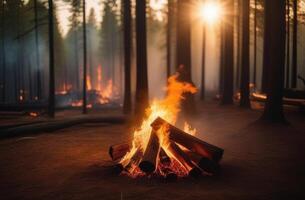 ai generato mondo natura giorno, internazionale giorno di foreste, foresta incendi, falò nel il foresta, distruzione di foreste, alberi su fuoco, fiamme, conifero foresta foto