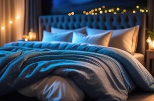 ai generato mondo dormire giorno, moderno Camera da letto interno, accogliente atmosfera, seta letto biancheria, lusso Hotel, brillante copriletto su un' Doppio letto, bianca cuscini, blu sfumature, caldo notte illuminazione foto