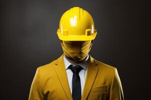 ai generato industrioso lavoratore con giallo casco cappello. creare ai foto