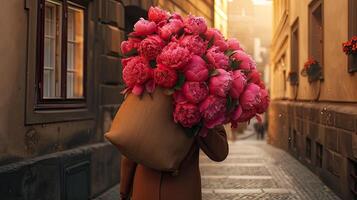 ai generato un' 35 anni signora, radiante felicità come lei trasporta un' grande Borsa pieno con vivace peonie, sua alto statura e elegante cappotto aggiungendo per il fascino di il scena. foto