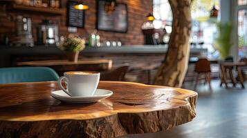 ai generato bellissima solido legna caffè tavolo come il focale punto, ornato con un' cottura a vapore tazza di nero caffè, contro il fondale di un' meravigliosamente decorato bar. foto