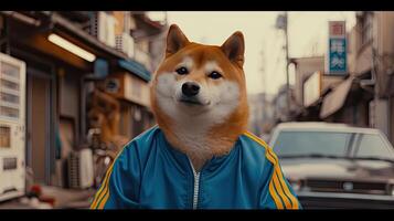 ai generato un' carismatico Grasso shiba inu scioperi un' posa nel un' elegante blu tuta, accentuato di grassetto giallo strisce lungo il lati, la creazione di un' cinematico fotografia quello irradia atteggiamento. foto