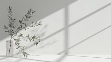 ai generato un' vuoto saluto carta modello con oliva albero rami delicatamente disposte su un' bianca tavolo sfondo, Perfetto per nozze inviti. foto