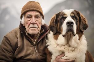 ai generato anziano signore con grande Marrone e bianca cane foto