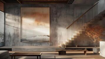 ai generato un' in stile zen vivente spazio con scale, un olio pittura nel un' di legno telaio, nel leggero grigio e ambra toni, mentre un' murale con un' traslucido copertura Aggiunge profondità e la tranquillità per il spazio foto