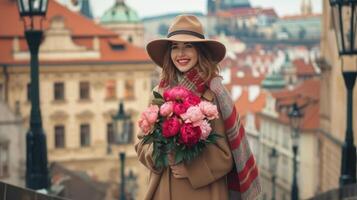 ai generato un' 35 anni signora, radiante felicità come lei trasporta un' grande Borsa pieno con vivace peonie, sua alto statura e elegante cappotto aggiungendo per il fascino di il scena. foto