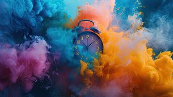 ai generato un' orologio anelli a voce alta, suo vivace colori mescolanza con luminosa colorato Fumo, la creazione di un' visivamente Impressionante scena di vigilanza e accresciuto consapevolezza. foto