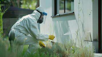 ai generato il tecnico Tenere un' spruzzatore e sottolineando il applicazione di il Prodotto a il base di il edificio per garantire completo protezione contro parassiti. foto