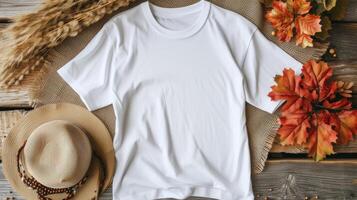 ai generato un' bianca maglietta modello con un' vuoto camicia modello foto, con elegante autunno Accessori contro un' rustico tela ruvida sfondo per un' di moda e di stagione estetico. foto