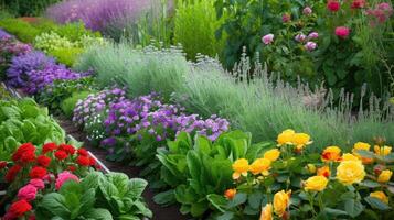 ai generato un' giardino ornato con sollevato letti, dove lussureggiante verdura prospera a fianco colorato fioriture di un' rosa giardino e il calmante aroma di lavanda, la creazione di un' pittoresco oasi di bellezza. foto