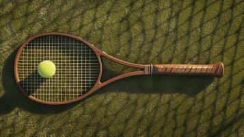 ai generato un' di legno tennis racchetta e palla posto su un' erba tennis Tribunale, eseguito nel un' minimalista stile, cattura il essenza di il sport con semplicità e eleganza. foto
