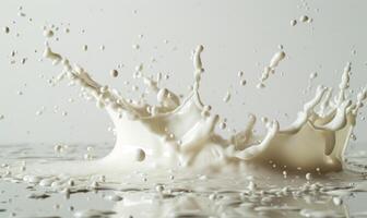 ai generato spruzzi latte su bianca sfondo vicino su. versa latte foto