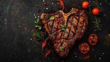 ai generato Manzo t-bone bistecche grigliate al di sopra di caldo bbq carboni, con porterhouse bistecca o t-bone bistecca varietà,ideale per ristorante menu o ricettario ricette foto