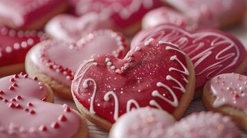 ai generato delicatamente decorato dolci, a forma di cuore biscotti ornato con rosa e rosso glassatura, e cosparso con commestibile luccichio, evocando un' senso di romanza e indulgenza. foto