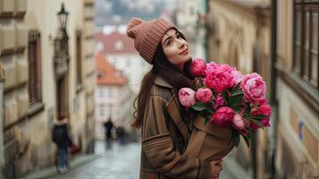 ai generato un' 35 anni signora, radiante felicità come lei trasporta un' grande Borsa pieno con vivace peonie, sua alto statura e elegante cappotto aggiungendo per il fascino di il scena. foto