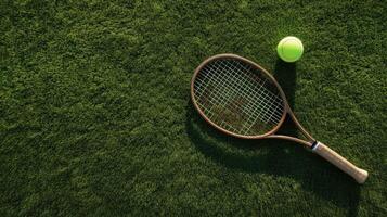 ai generato un' di legno tennis racchetta e palla posto su un' erba tennis Tribunale, eseguito nel un' minimalista stile, cattura il essenza di il sport con semplicità e eleganza. foto