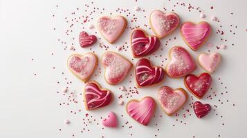 ai generato un Vettore di a tema caramelle e a forma di cuore biscotti, delicatamente abbellito con rosa e rosso glassatura, scintillante con commestibile luccichio contro un' incontaminato bianca sfondo. foto