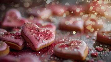 ai generato delicatamente decorato dolci, a forma di cuore biscotti ornato con rosa e rosso glassatura, e cosparso con commestibile luccichio, evocando un' senso di romanza e indulgenza. foto