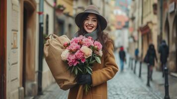 ai generato un' 35 anni signora, radiante felicità come lei trasporta un' grande Borsa pieno con vivace peonie, sua alto statura e elegante cappotto aggiungendo per il fascino di il scena. foto