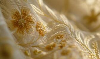 ai generato avvicinamento di bordatura e paillettes su un' nozze vestire. nozze vestito nel il mattina luce del sole. vicino su di nozze vestito foto