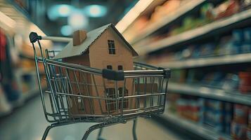 ai generato un' avvicinamento di un' cartone Casa posto entro un' supermercato carrello, illuminato di naturale luce del giorno. foto