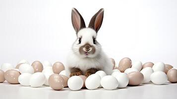 ai generato un' super divertente e carino bianca Pasqua coniglietto circondato di cioccolato uova, Perfetto per un Pasqua pubblicità campagna contro un' solido bianca sfondo. foto