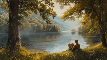 ai generato un' persona immersa nel un' libro di il tranquillo, calmo sponde del lago, circondato di sereno acque e sereno naturale bellezza. foto
