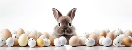 ai generato un' super divertente e carino bianca Pasqua coniglietto circondato di cioccolato uova, Perfetto per un Pasqua pubblicità campagna contro un' solido bianca sfondo. foto