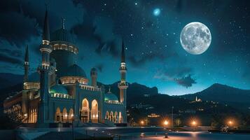 ai generato il pieno Luna illuminante il notte cielo durante il santo mese di Ramadan, evocando un' senso di serenità e spiritualità in mezzo il tranquillo, calmo buio. foto