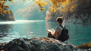 ai generato un' persona immersa nel un' libro di il tranquillo, calmo sponde del lago, circondato di sereno acque e sereno naturale bellezza. foto