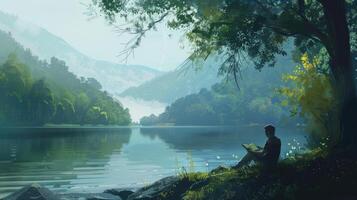 ai generato un' persona immersa nel un' libro di il tranquillo, calmo sponde del lago, circondato di sereno acque e sereno naturale bellezza. foto