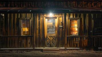 ai generato un' piccolo occidentale cittadina a notte, con un' calorosamente illuminato di legno Casa e un' fedele cane riposo su suo soglia, evocando il senza tempo fascino di frontiera vita. foto