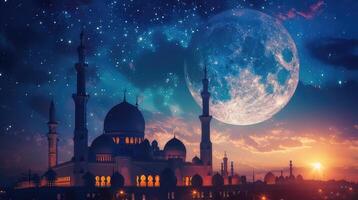 ai generato il pieno Luna illuminante il notte cielo durante il santo mese di Ramadan, evocando un' senso di serenità e spiritualità in mezzo il tranquillo, calmo buio. foto