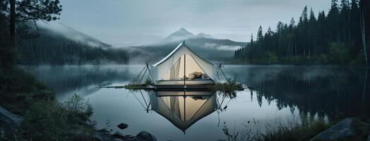 ai generato un' tenda lanciato di un' sereno lago, avvolto nel nebbioso romanticismo, dove il morbido splendore di il ambientazione sole calchi un' ipnotizzante ambiance al di sopra di il naturale paesaggio foto